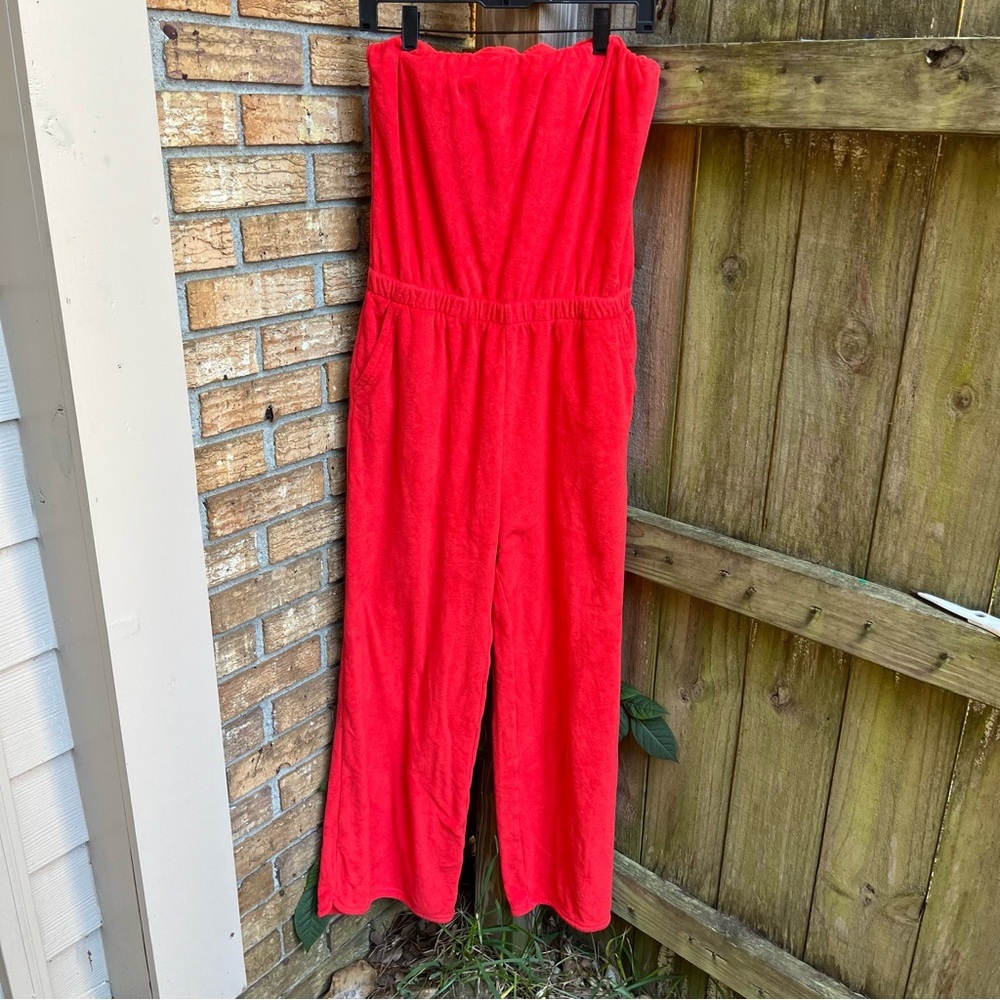 aerie Strapless Red Terry Wide-Leg Jumpsuit
